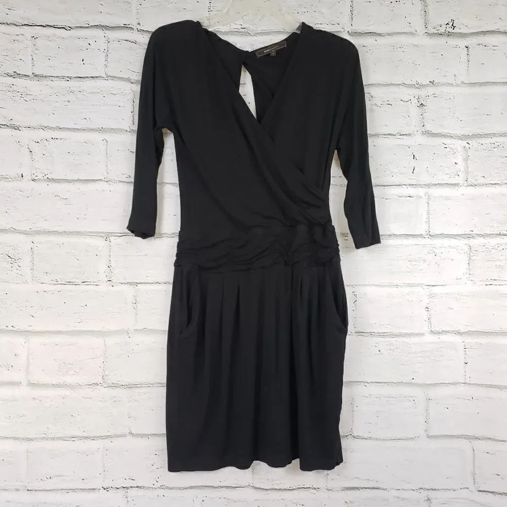 BCBGMAXAZRIA 3/4 sleeve rouched black dress